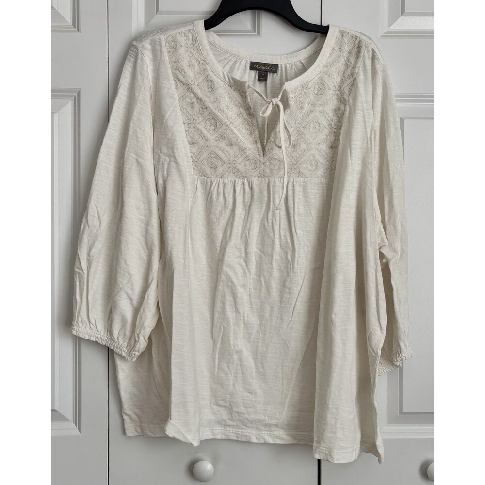 STYLE & CO WOMEN'S TOPS BOHO VELVET EMBROIDERED KNIT COTTON 3/4 SLEEVE SPLIT NEC